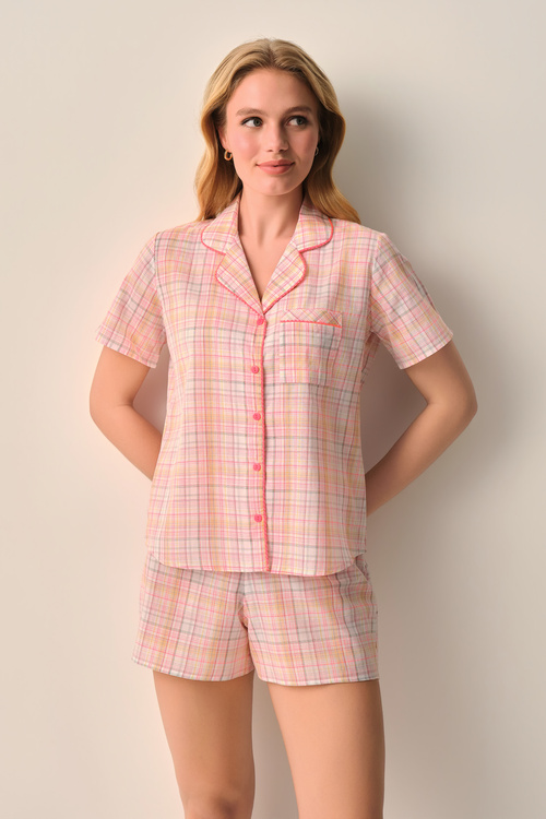 Ekose Baskılı Lily Pamuklu Gömlek Yaka Şort Pijama Takımı