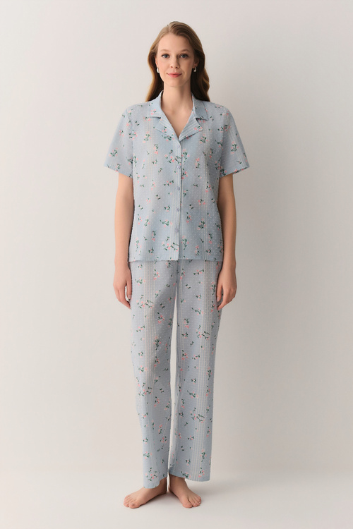 Mavi Desenli Pretty Pamuklu Gömlek Yaka Pijama Takımı