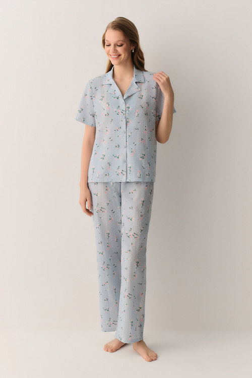 Mavi Desenli Pretty Pamuklu Gömlek Yaka Pijama Takımı