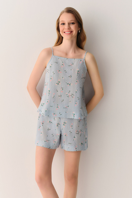 Mavi Desenli Pretty Pamuklu Atlet Şort Pijama Takımı