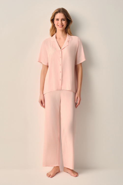 Pembe Çizgili Stripe Gömlek Yaka Pijama Takımı