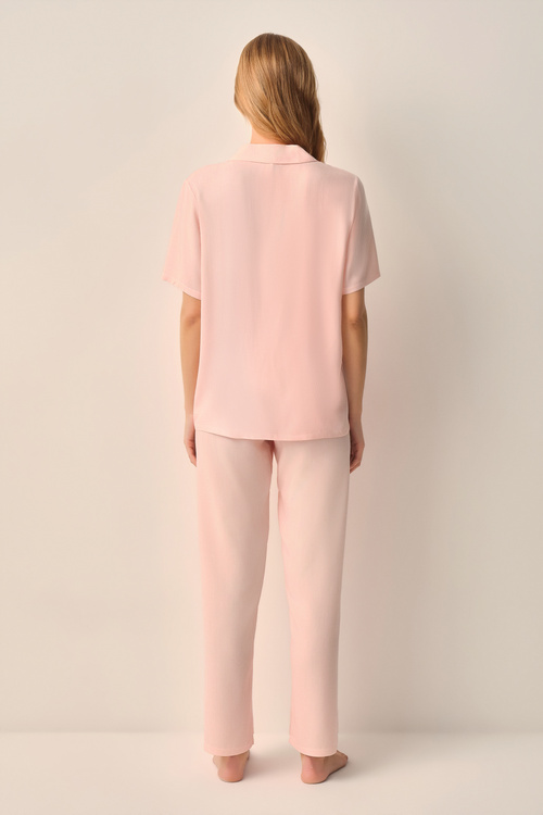 Pembe Çizgili Stripe Gömlek Yaka Pijama Takımı