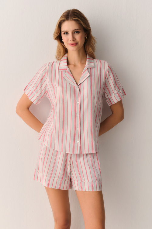 Pembe Çizgili Loren Gömlek Yaka Şort Pijama Takımı