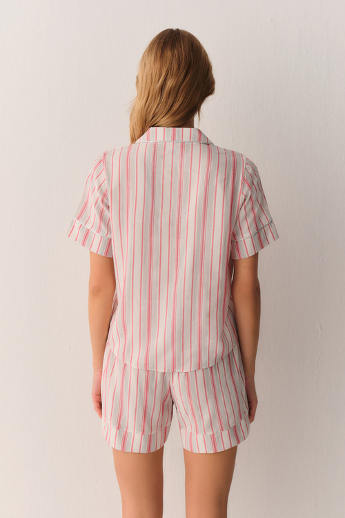 Pembe Çizgili Loren Gömlek Yaka Şort Pijama Takımı