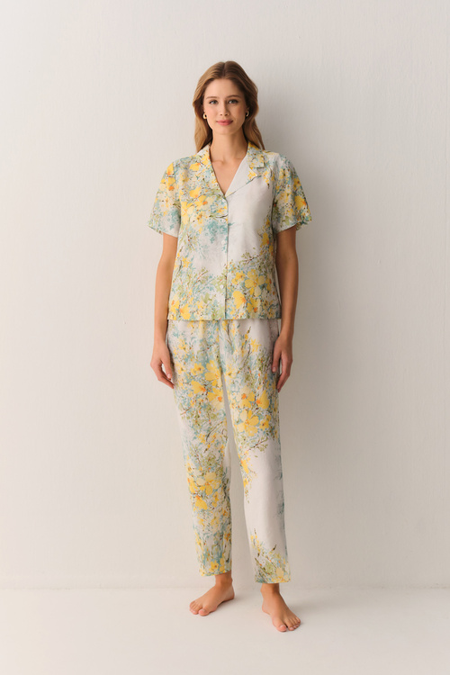 Sarı Desenli Sunny Modal Gömlek Yaka Pijama Takımı