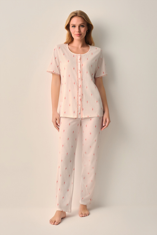 Pembe Maria Pamuklu Gömlek Yaka Pijama Takımı