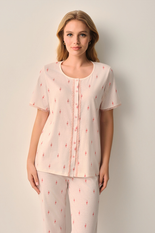 Pembe Maria Pamuklu Gömlek Yaka Pijama Takımı