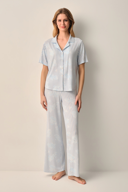 Mavili Lady Gömlek Yaka Pijama Takımı