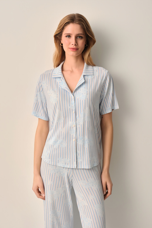 Mavili Lady Gömlek Yaka Pijama Takımı