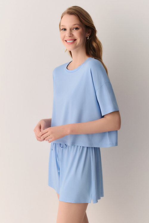 Mavi Plaid Şort Pijama Takımı