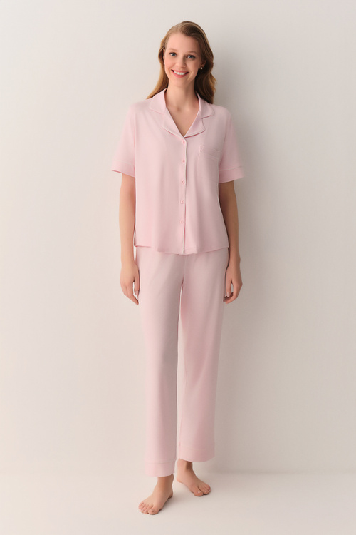 Pembe Misty Gömlek Yaka Pijama Takımı
