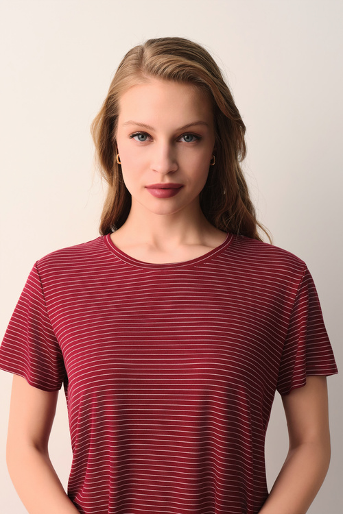Ekru Çizgili Casual Şort Pijama Takımı