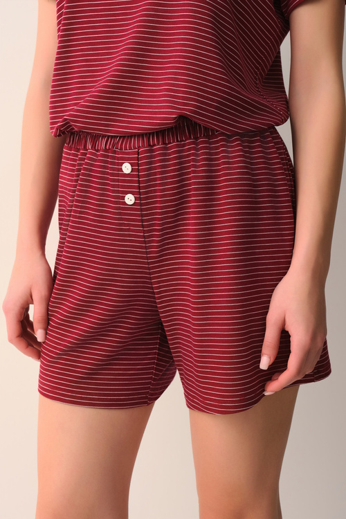 Ekru Çizgili Casual Şort Pijama Takımı