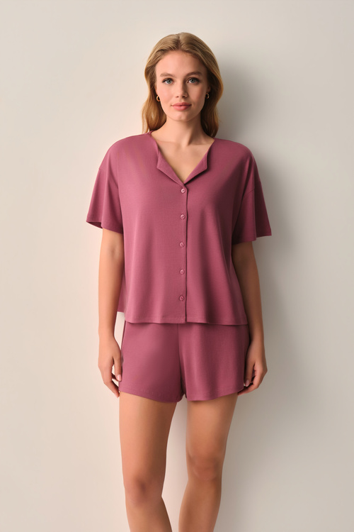 Gül Rengi Mira Modal Gömlek Yaka Şort Pijama Takımı