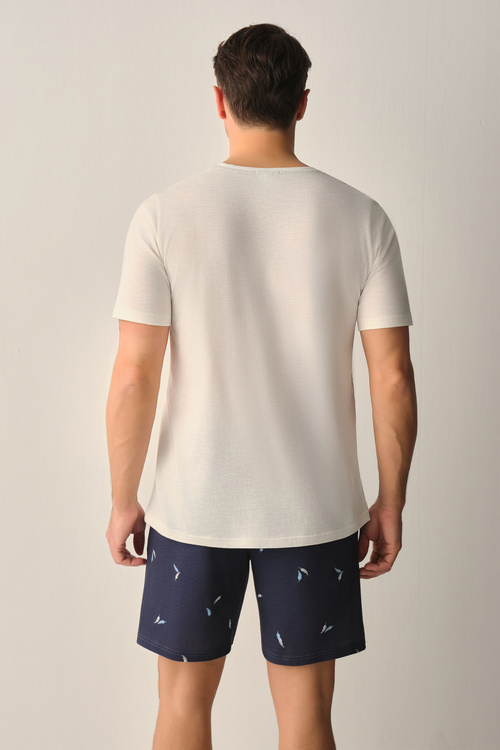 Lacivert Desenli Feather Erkek Pamuklu Şort Pijama Takımı