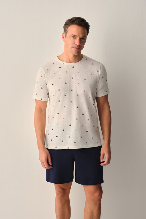 Beyaz Baskılı Wave Erkek Şort Pijama Takımı