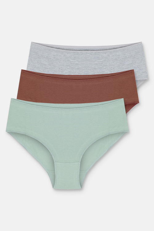 Çağla Yeşili / Gri / Vizon 3'lü Pamuklu Basic Yüksek Bel Slip Külot