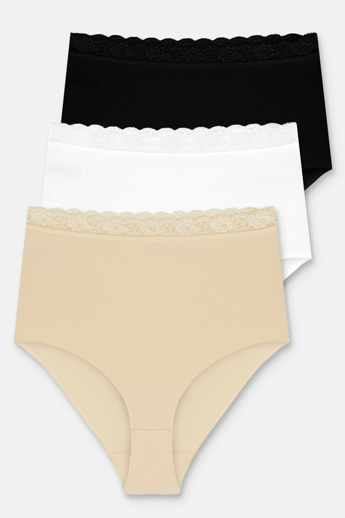 Siyah / Beyaz / Ten Rengi 3'lü Pamuklu Dantelli Maxi Yüksek Bel Slip Külot