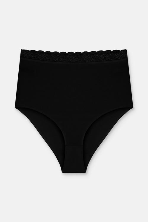Siyah / Beyaz / Ten Rengi 3'lü Pamuklu Dantelli Maxi Yüksek Bel Slip Külot