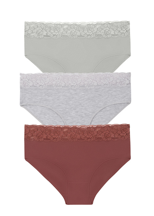 Çağla Yeşili / Gri / Vizon 3'lü Pamuklu Dantelli Yüksek Bel Slip Külot