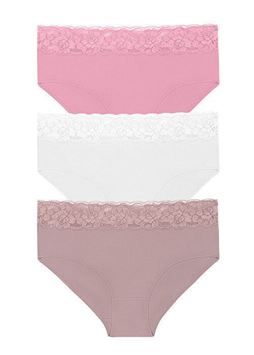 Ekru / Vizon / Pembe 3 lü Pamuklu Dantelli Yüksek Bel Slip Külot