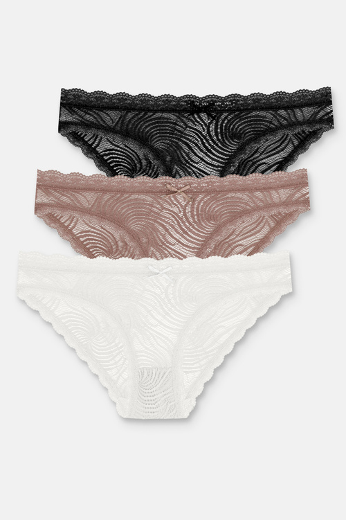 Ekru / Siyah / Vizon 3'lü Dantelli Normal Bel Slip Külot