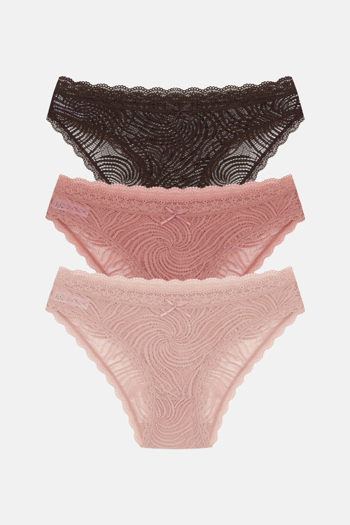 Ten / Kahverengi / Pembe 3'lü Dantelli Normal Bel Slip Külot