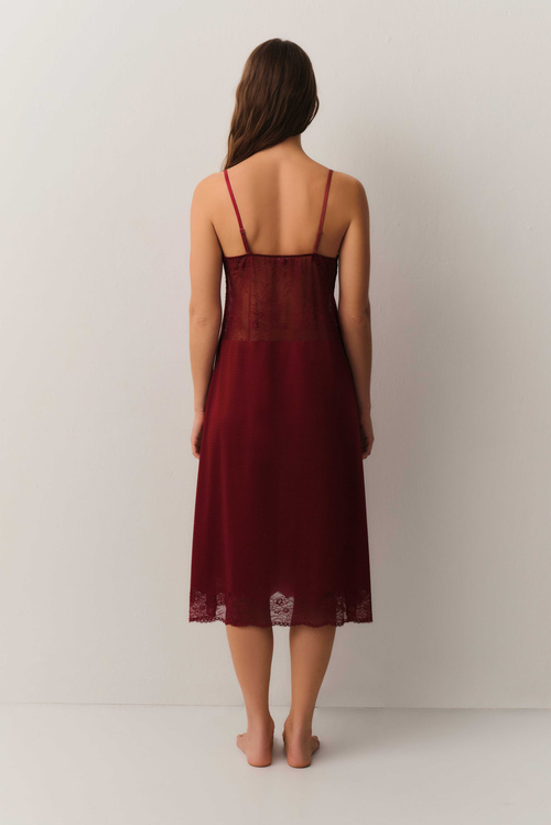 Bordo Antique Dantelli Uzun Gecelik