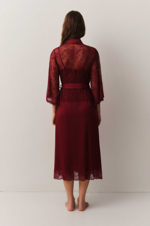 Bordo Antique Dantelli Uzun Sabahlık