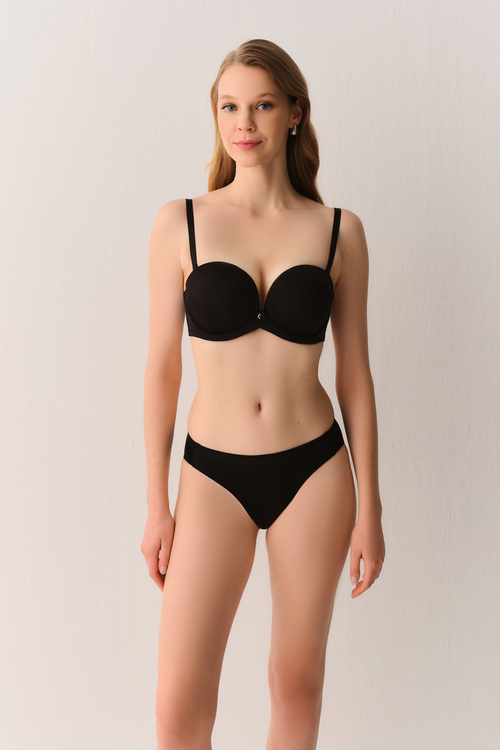 Siyah Super Push Up Straplez Destekli Balenli Sütyen