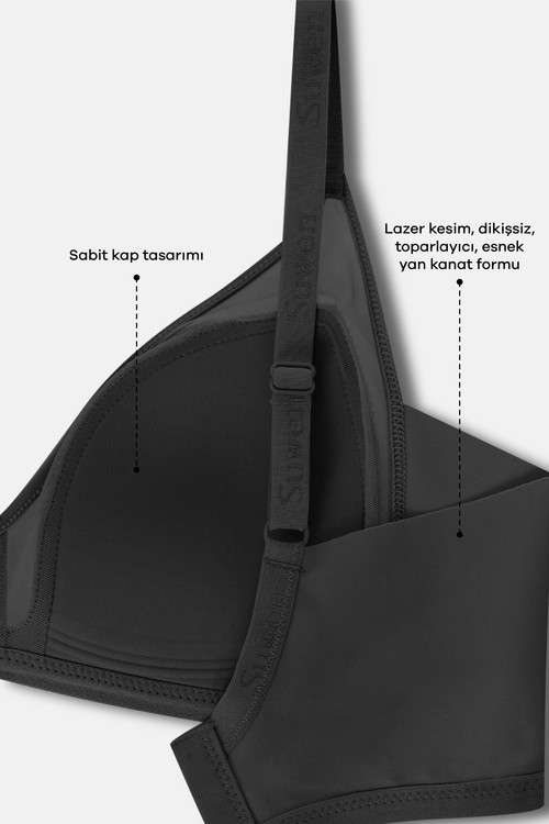 Siyah Invisible Tül Lazer Kesim Balensiz Sütyen