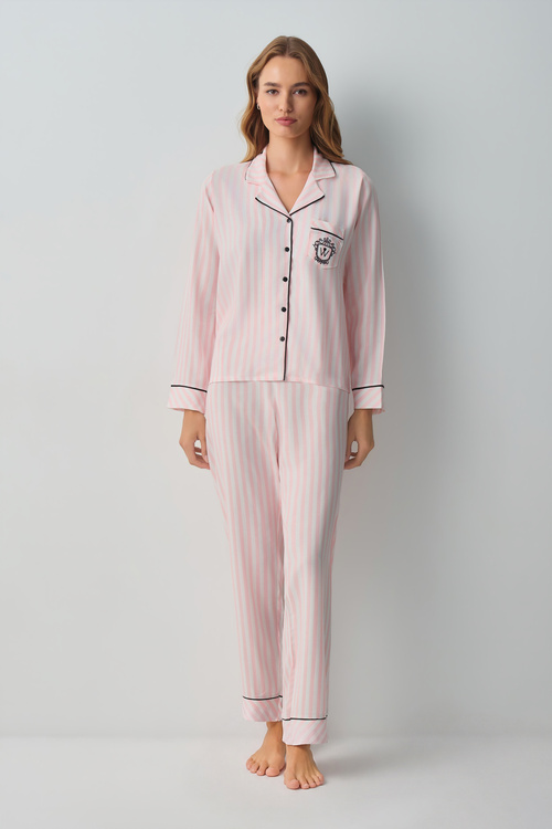 Pembe Çizgili Emily Gömlek Yaka Pijama Takımı