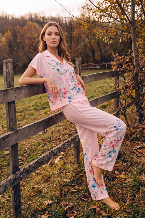 Pembe Bliss Floral Gömlek Yaka Pijama Takımı
