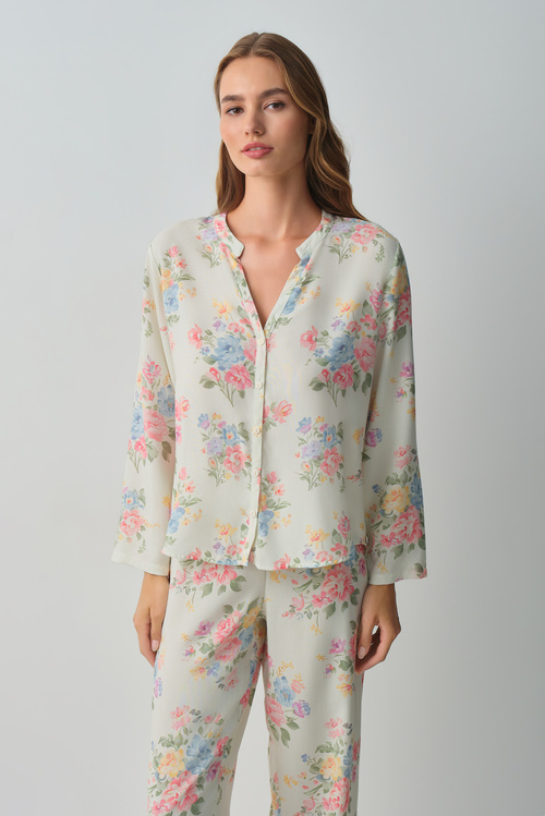 Çiçek Desenli Fleur Gömlek Yaka Pijama Takımı