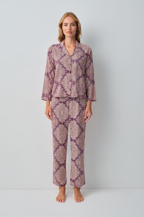 Bordo Desenli Harper Gömlek Yaka Pijama Takımı