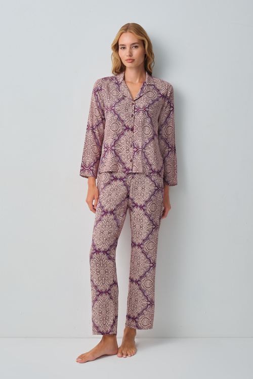 Bordo Desenli Harper Gömlek Yaka Pijama Takımı