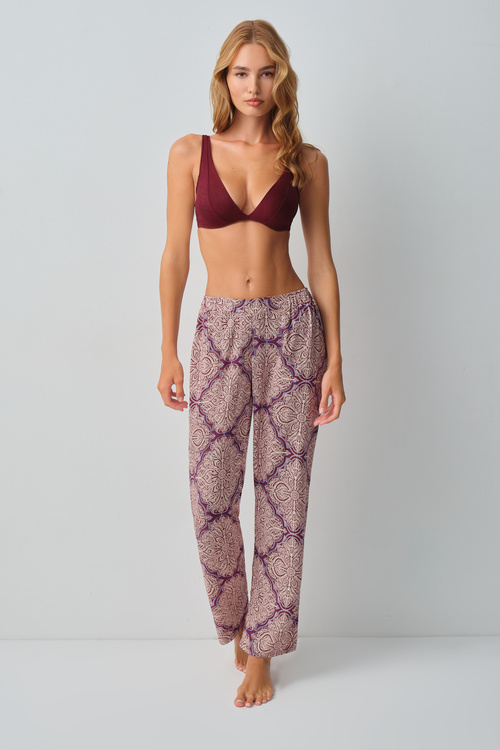 Bordo Desenli Harper Gömlek Yaka Pijama Takımı