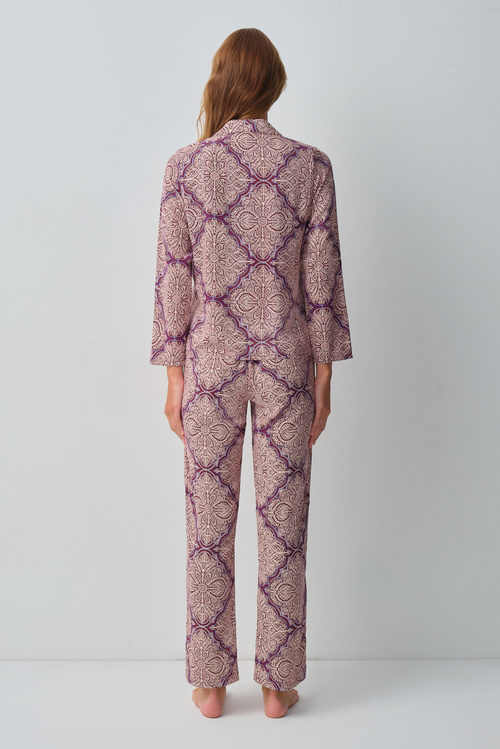 Bordo Desenli Harper Gömlek Yaka Pijama Takımı