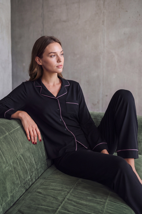 Siyah Misty Gömlek Yaka Pijama Takımı