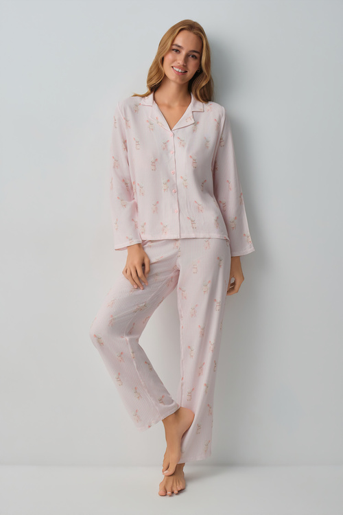 Pembe Çizgili Lulusu Gömlek Yaka Pijama Takımı