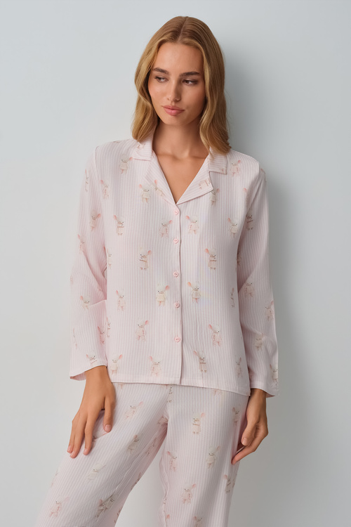 Pembe Çizgili Lulusu Gömlek Yaka Pijama Takımı