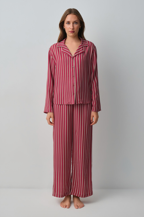Bordo Çizgili Siamore Gömlek Yaka Pijama Takımı