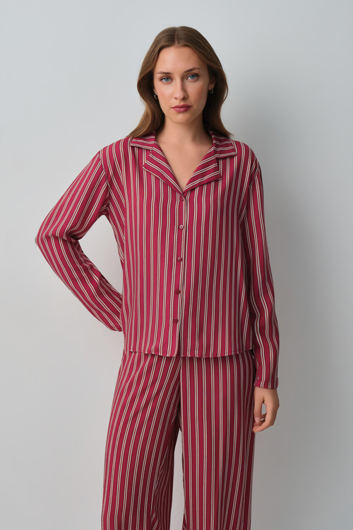 Bordo Çizgili Siamore Gömlek Yaka Pijama Takımı