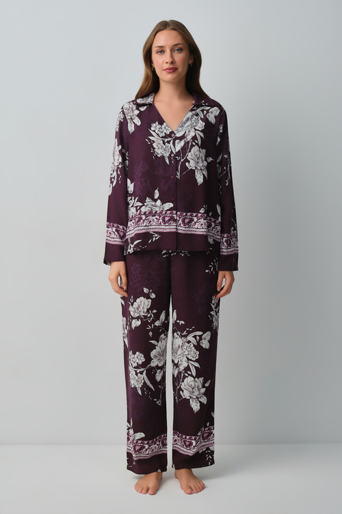 Mürdüm Desenli Mariana Gömlek Yaka Pijama Takımı