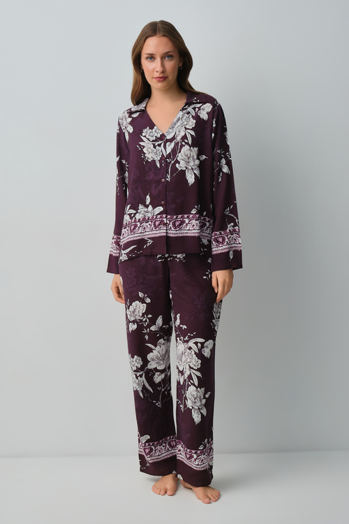 Mürdüm Desenli Mariana Gömlek Yaka Pijama Takımı