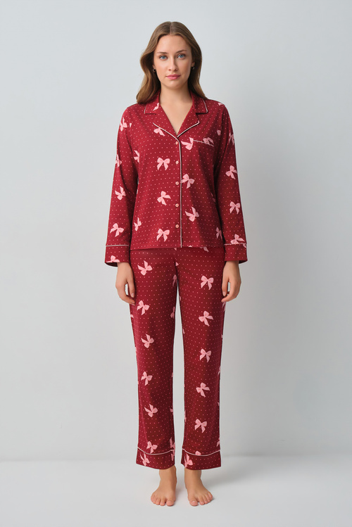 Kırmızı Kalpli Teddy Ribbon Gömlek Yaka Pijama Takımı