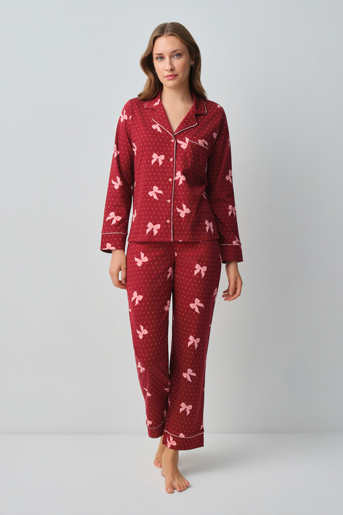 Kırmızı Kalpli Teddy Ribbon Gömlek Yaka Pijama Takımı