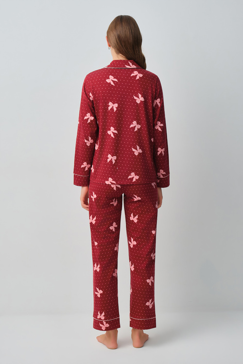 Kırmızı Kalpli Teddy Ribbon Gömlek Yaka Pijama Takımı