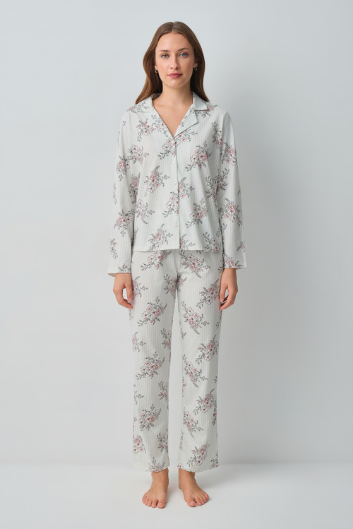 Ekru Çizgili Luda Pamuklu Gömlek Yaka Pijama Takımı