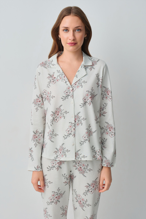 Ekru Çizgili Luda Pamuklu Gömlek Yaka Pijama Takımı